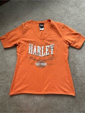 Harley-Davidson Orange V-Neck Graphic Tee women’s size large